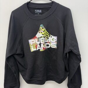 Public Lands Women's Logo Fleece Raglan Sweater Pull Over Large Cropped‎ Black